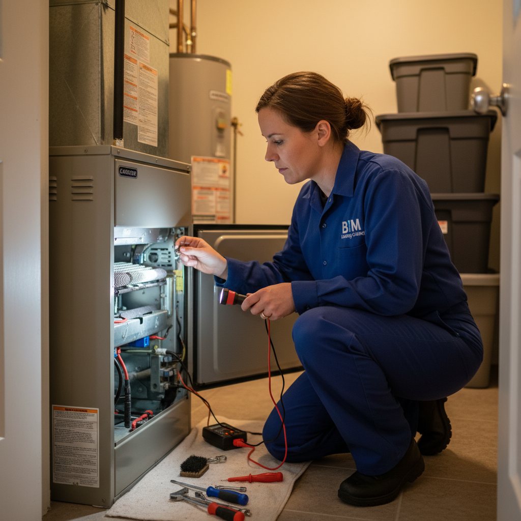 A BIM Heating and Cooling professional inspecting a furnace during a heating service call in Fredericksburg, Virginia.