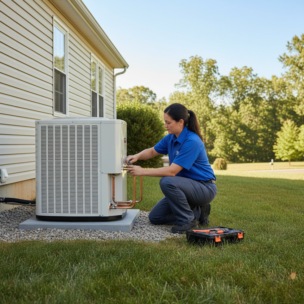 A BIM Heating and Cooling technician installing a new air conditioning unit outside a Virginia county home.