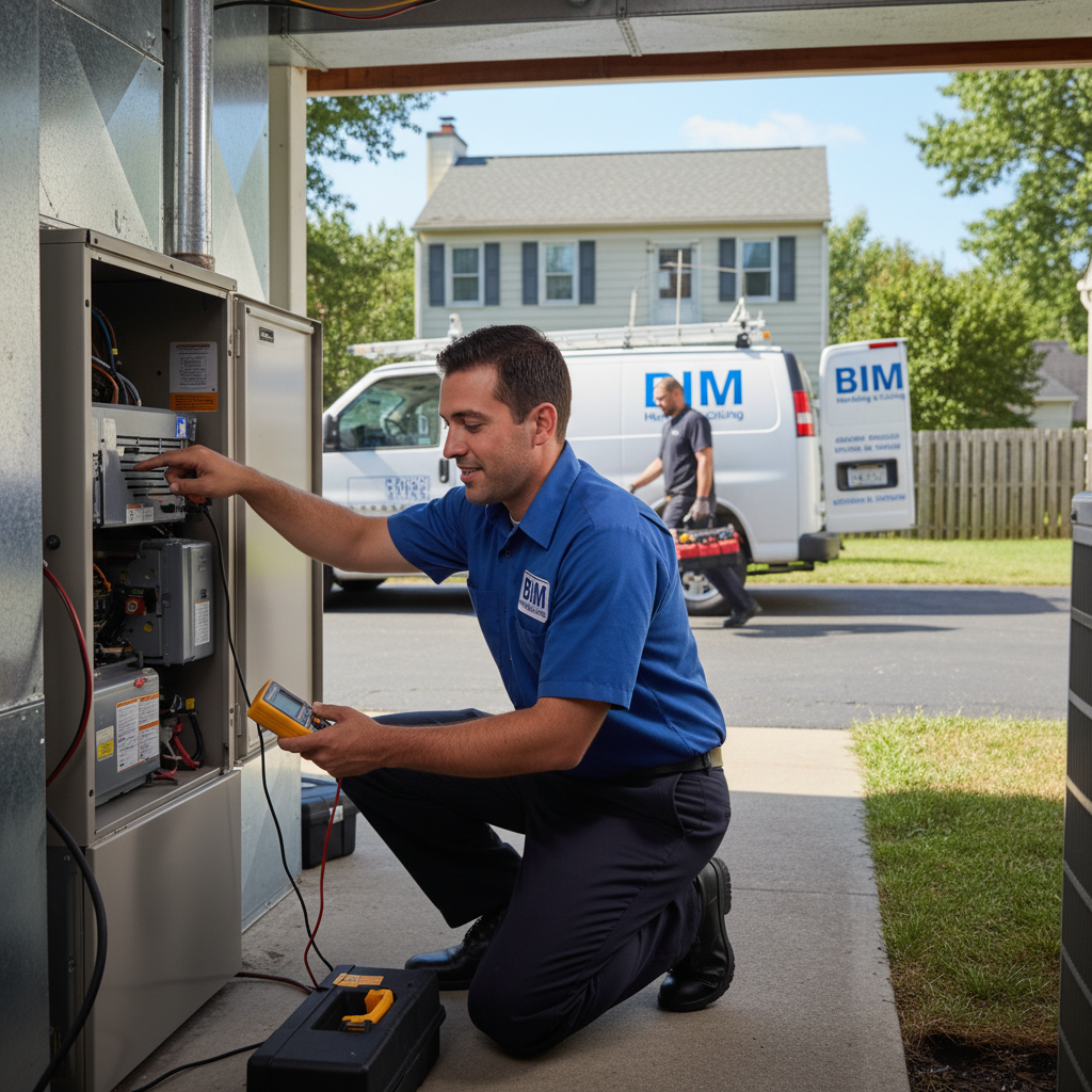 A BIM Heating and Cooling technician performing AC repair in a Fredericksburg, Virginia county home.
