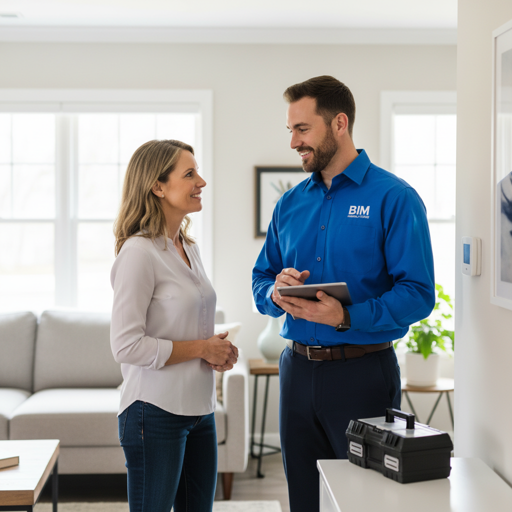 A friendly BIM Heating and Cooling technician talking to a homeowner in Fredericksburg, Virginia.