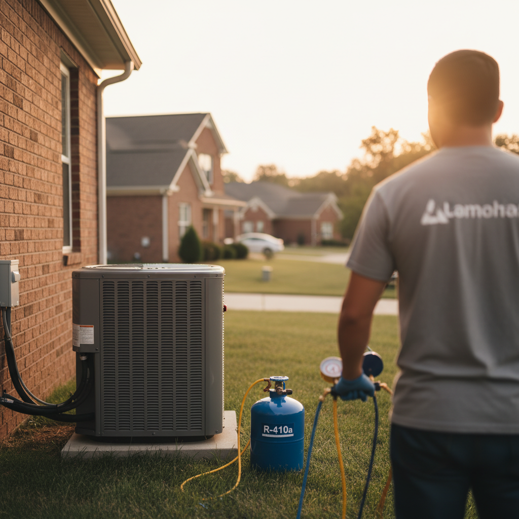 AC refrigerant recharge setup in a Fredericksburg neighborhood, with a technician observing the outdoor unit.