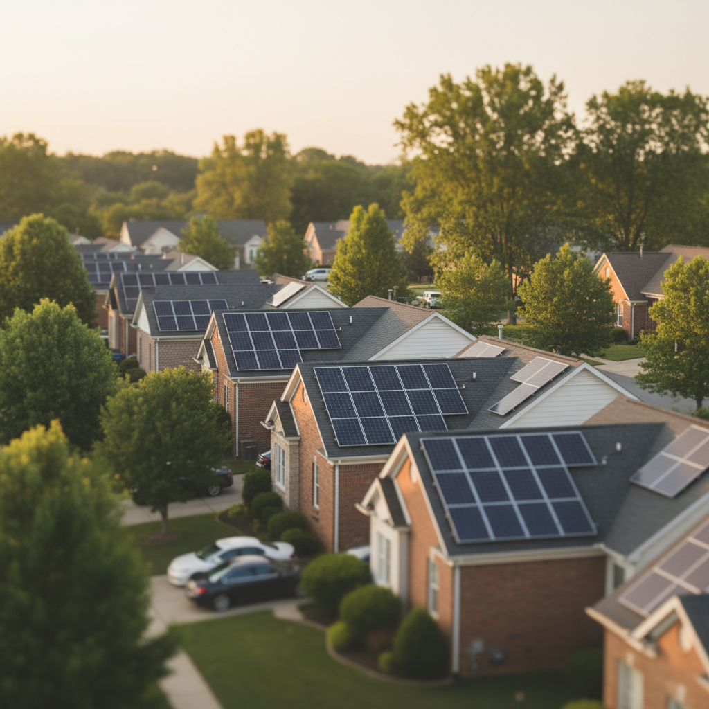 Aerial view of a Fredericksburg neighborhood with multiple homes featuring new solar panel installations.