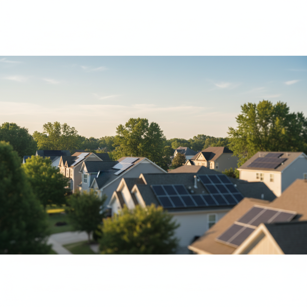 Aerial view of a Fredericksburg, VA neighborhood with multiple homes featuring solar energy system installations.