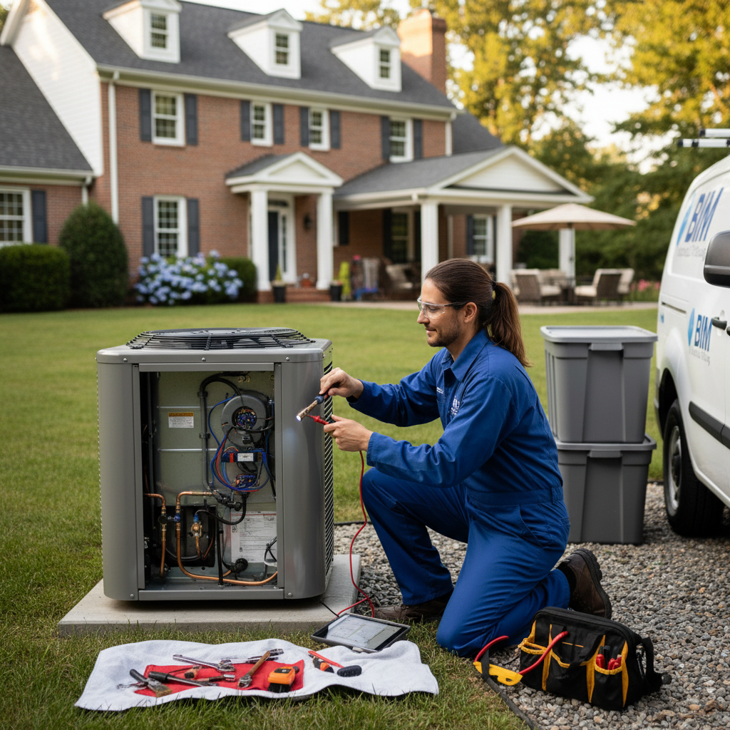 An experienced BIM Heating and Cooling technician performing AC repair on an outdoor unit in Fredericksburg, VA.