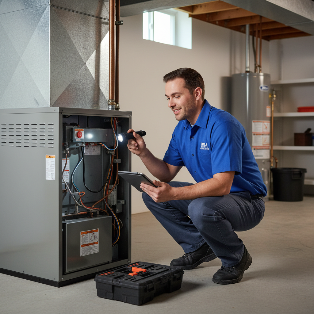 An HVAC technician from BIM Heating and Cooling inspecting a furnace in a Fredericksburg, VA home.