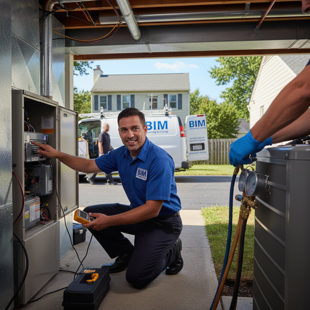 An HVAC technician from BIM Heating and Cooling inspecting a furnace in a Fredericksburg, VA home.