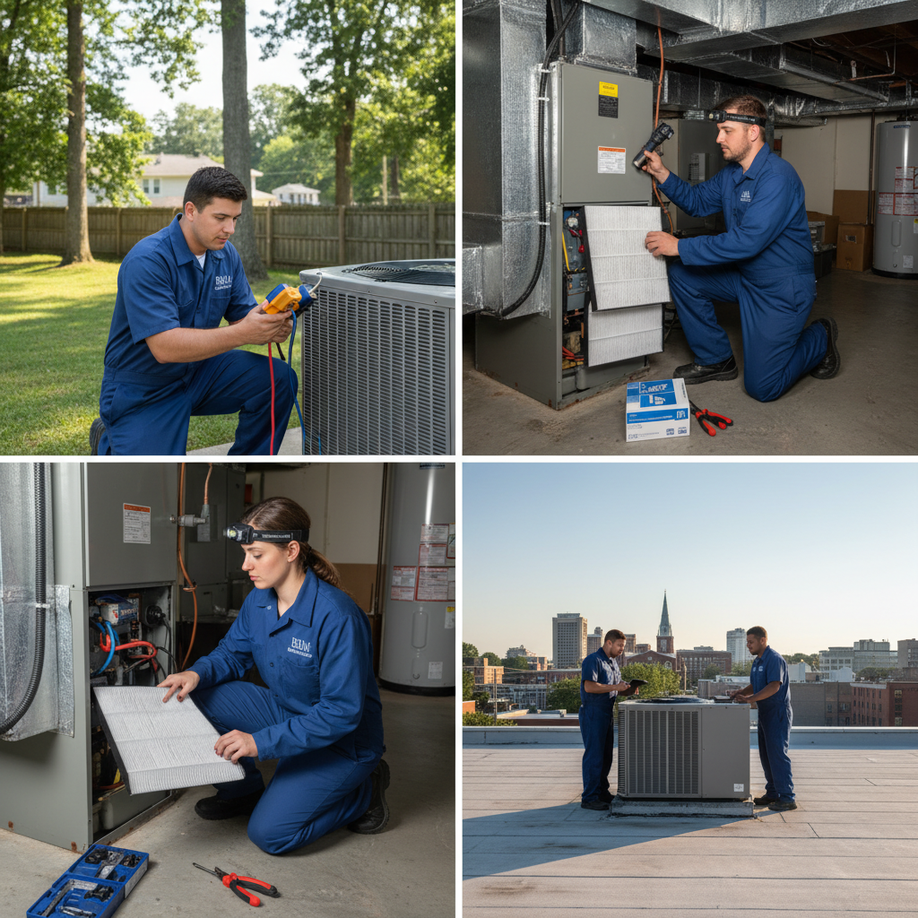 An HVAC technician from BIM Heating and Cooling inspecting an outdoor AC unit in a Fredericksburg, Virginia backyard.