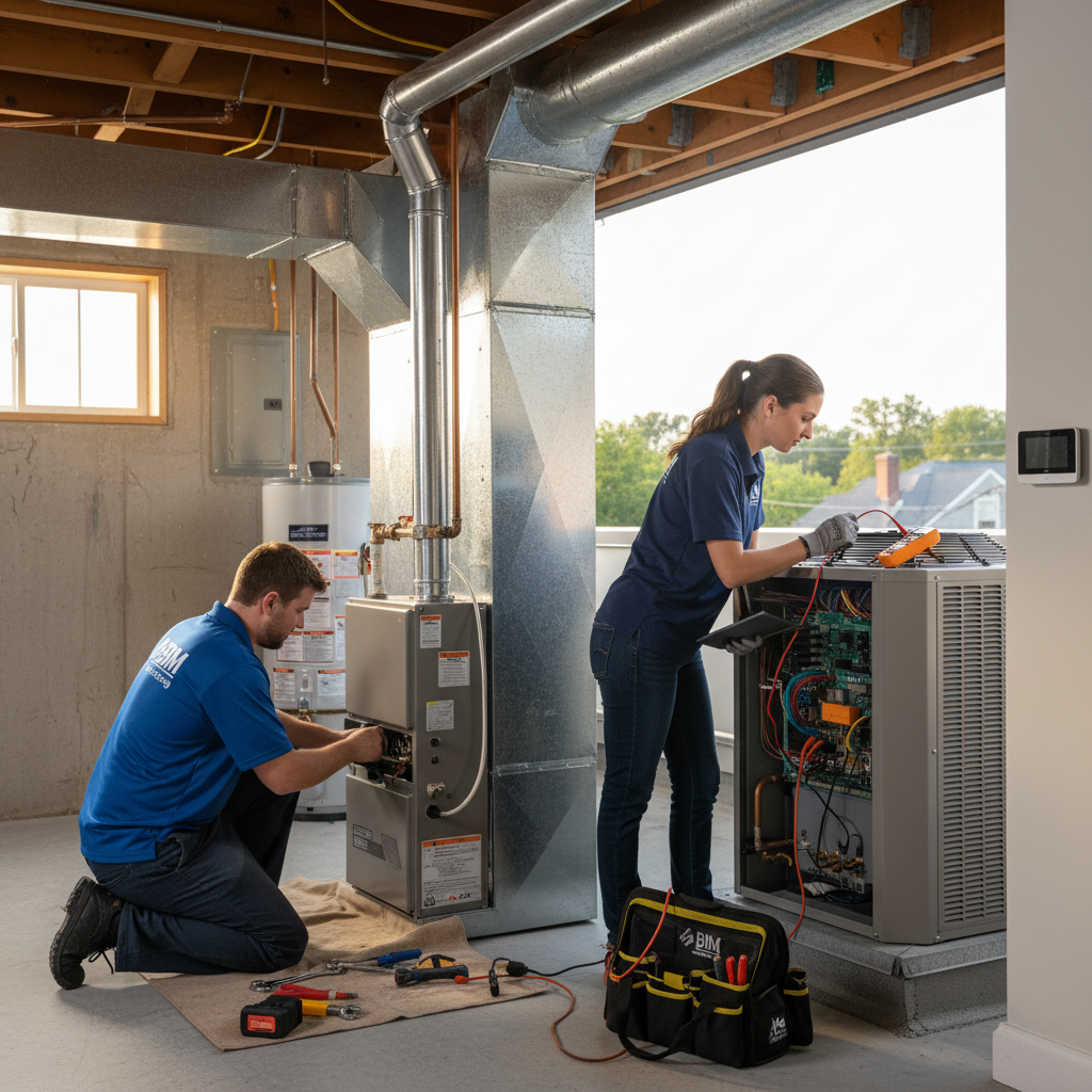 An HVAC technician from BIM Heating and Cooling installing a new furnace in a Fredericksburg, Virginia home.