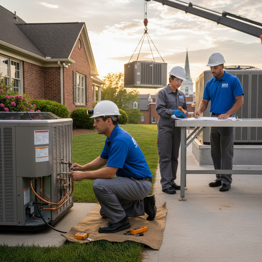 An HVAC technician from BIM Heating and Cooling installing a new air conditioner unit in a Fredericksburg, Virginia home.