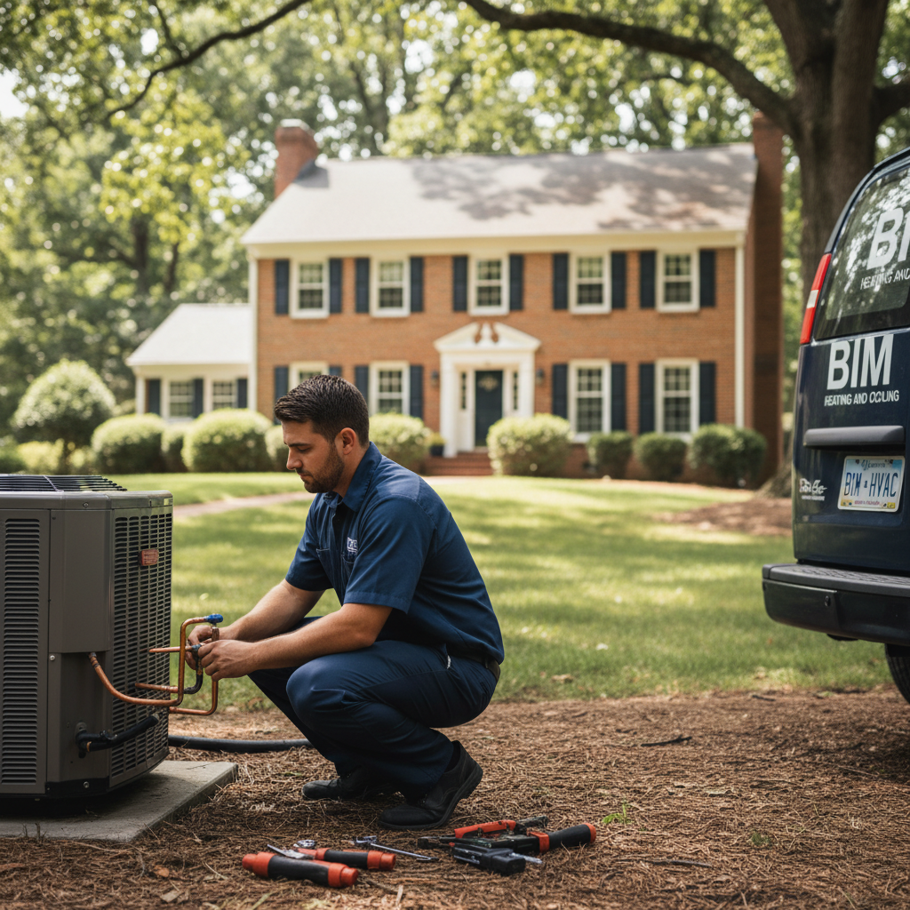 An HVAC technician from BIM Heating and Cooling installing a new air conditioning unit in a Fredericksburg, Virginia home.