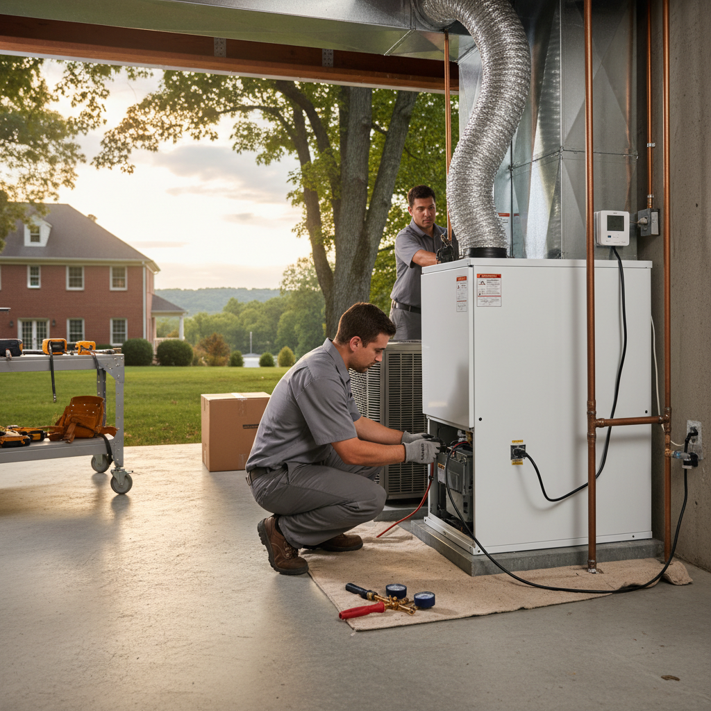 An HVAC technician from BIM Heating and Cooling servicing an outdoor unit in Fredericksburg, Virginia.