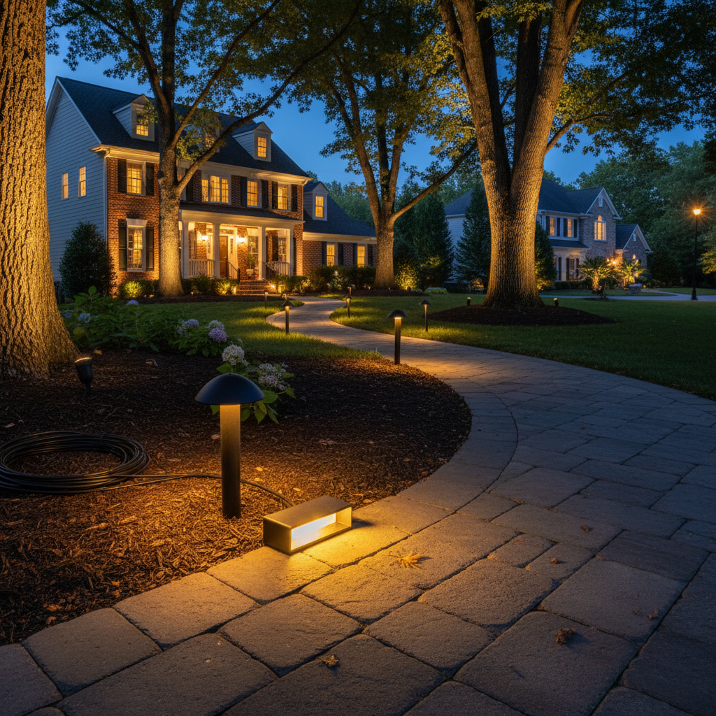 Beautiful outdoor lighting installation illuminating a residential home and pathway in Fredericksburg, VA at dusk.