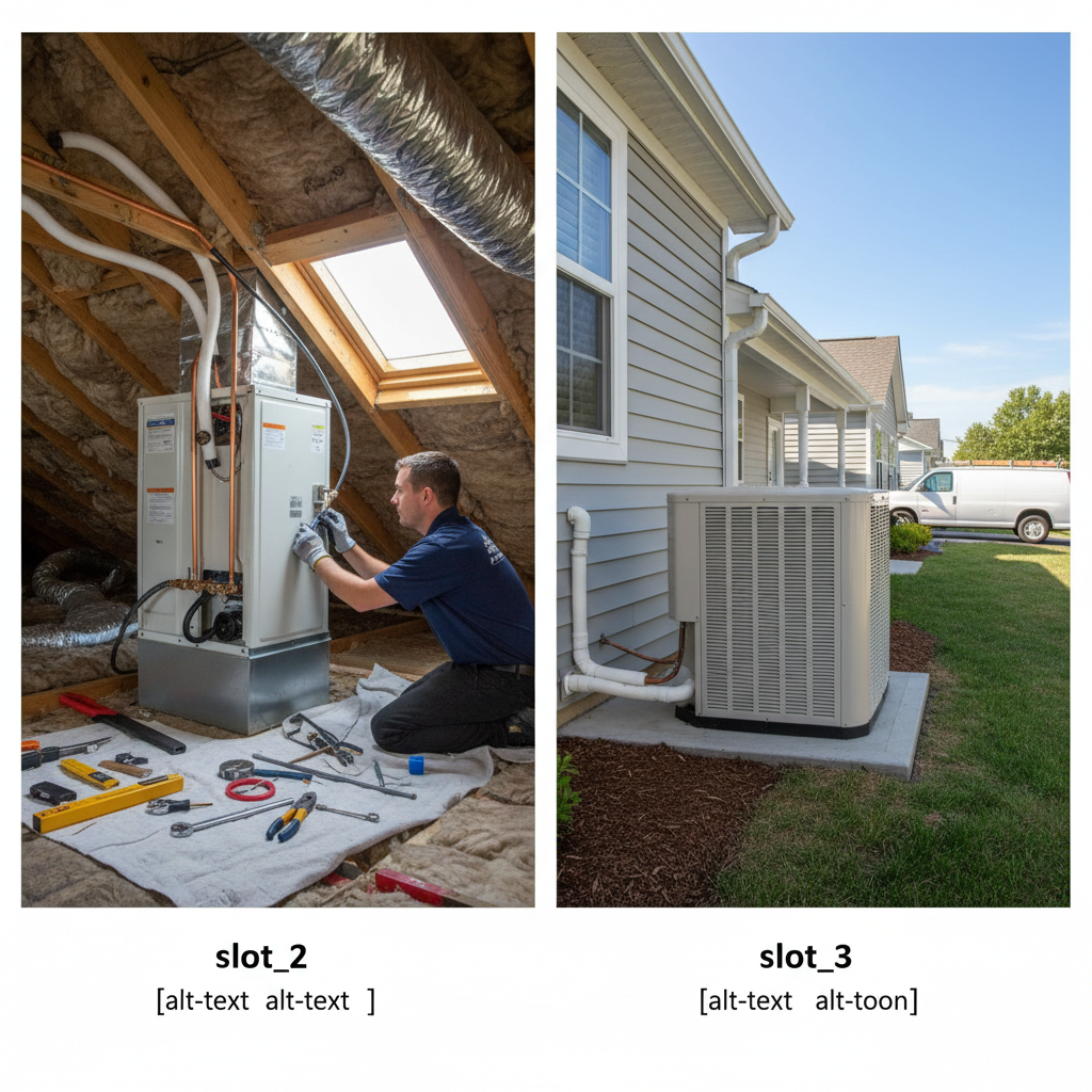 An HVAC technician meticulously installs a new central AC air handler in an attic.