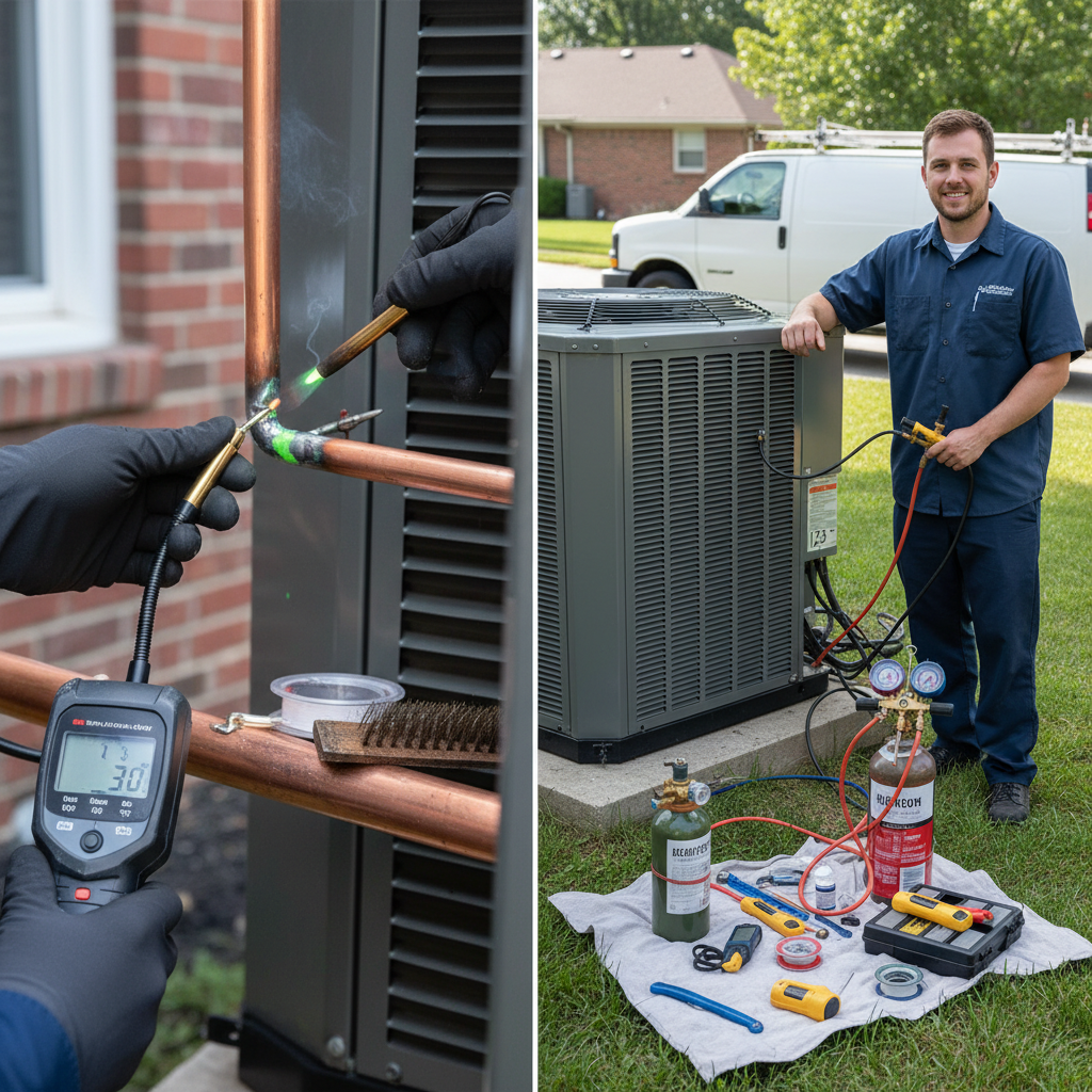 Close-up of an AC technician performing a refrigerant leak repair on an outdoor unit.