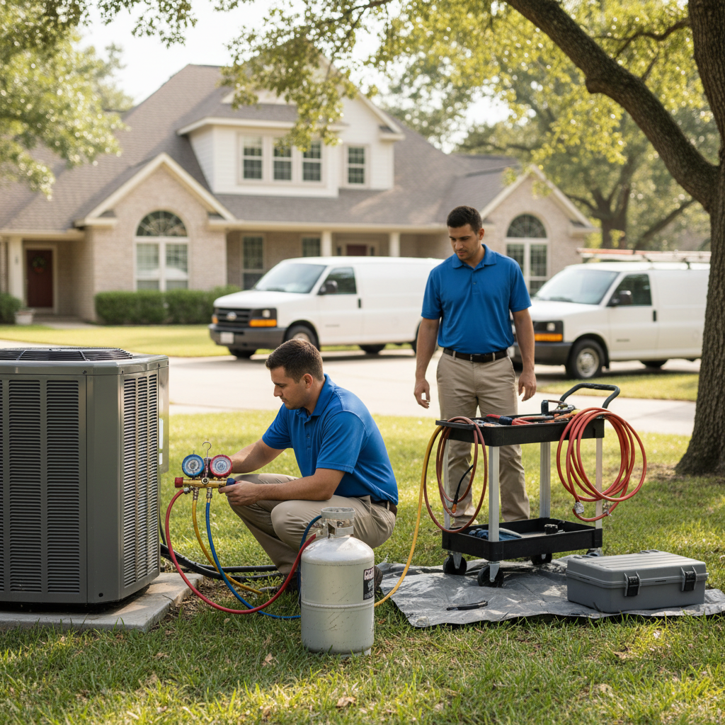 Close-up of an HVAC technician connecting gauges for an AC refrigerant recharge, demonstrating quality workmanship.