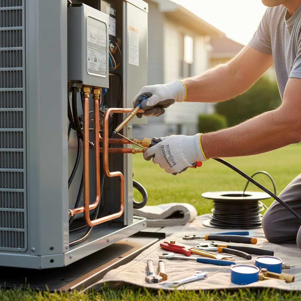 An air conditioning contractor meticulously soldering copper piping during an AC unit installation.