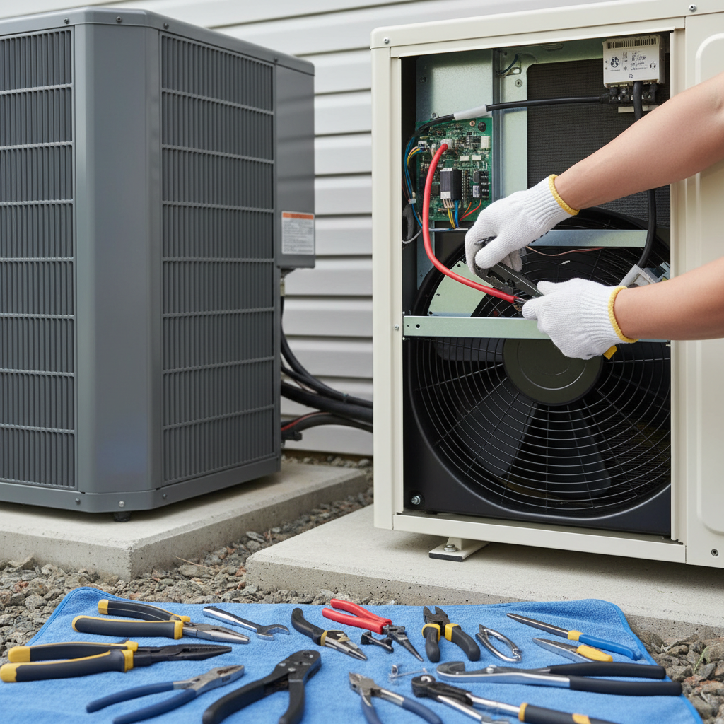 A close-up shot of an HVAC technician's hands making a repair inside an air conditioning unit.