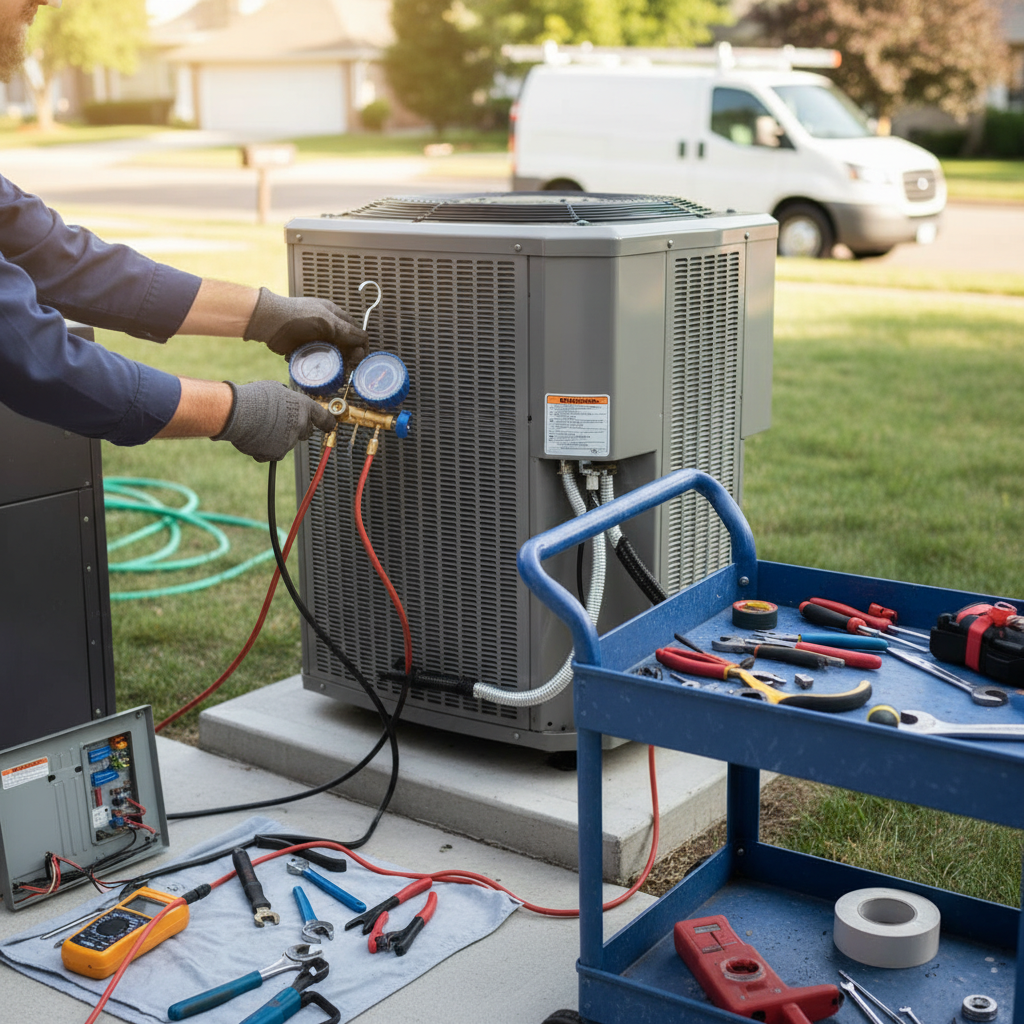 Close-up of a technician performing air conditioning repair service with gauges and tools.