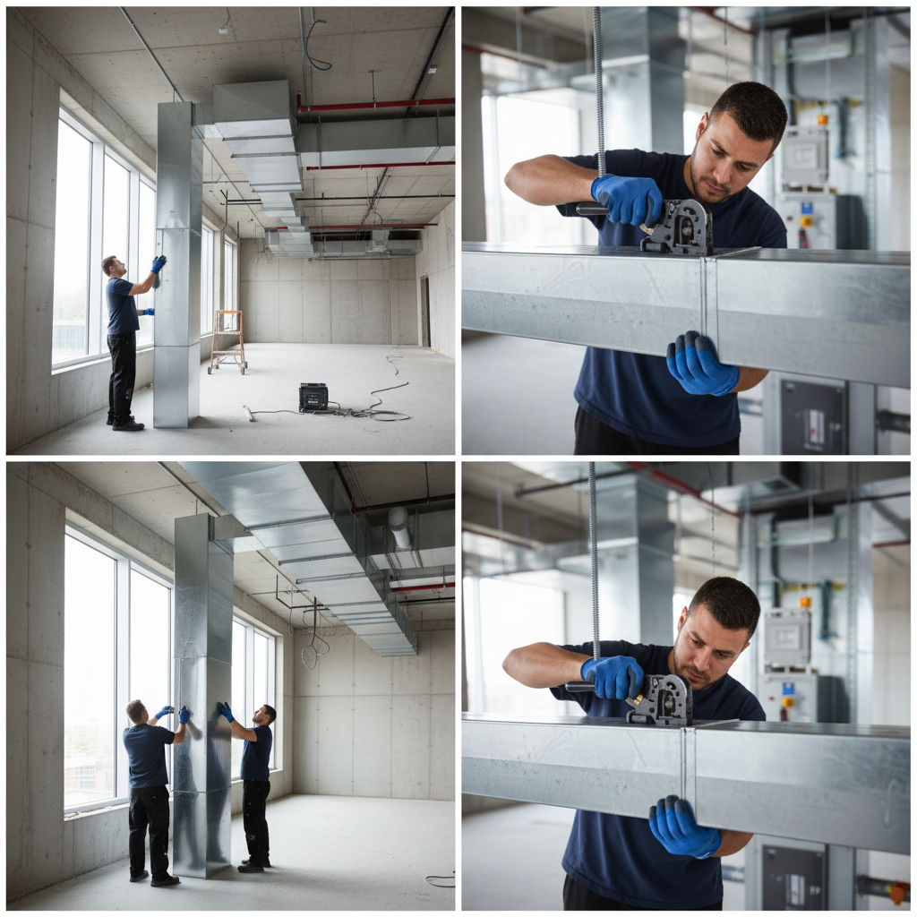 Close-up of a technician expertly assembling a component of commercial building mechanical systems ductwork.