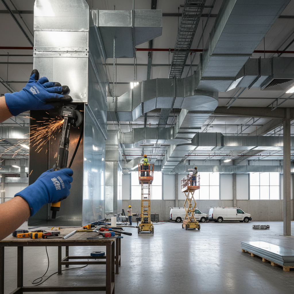 Close-up of a worker precisely cutting sheet metal ductwork during commercial HVAC installation.