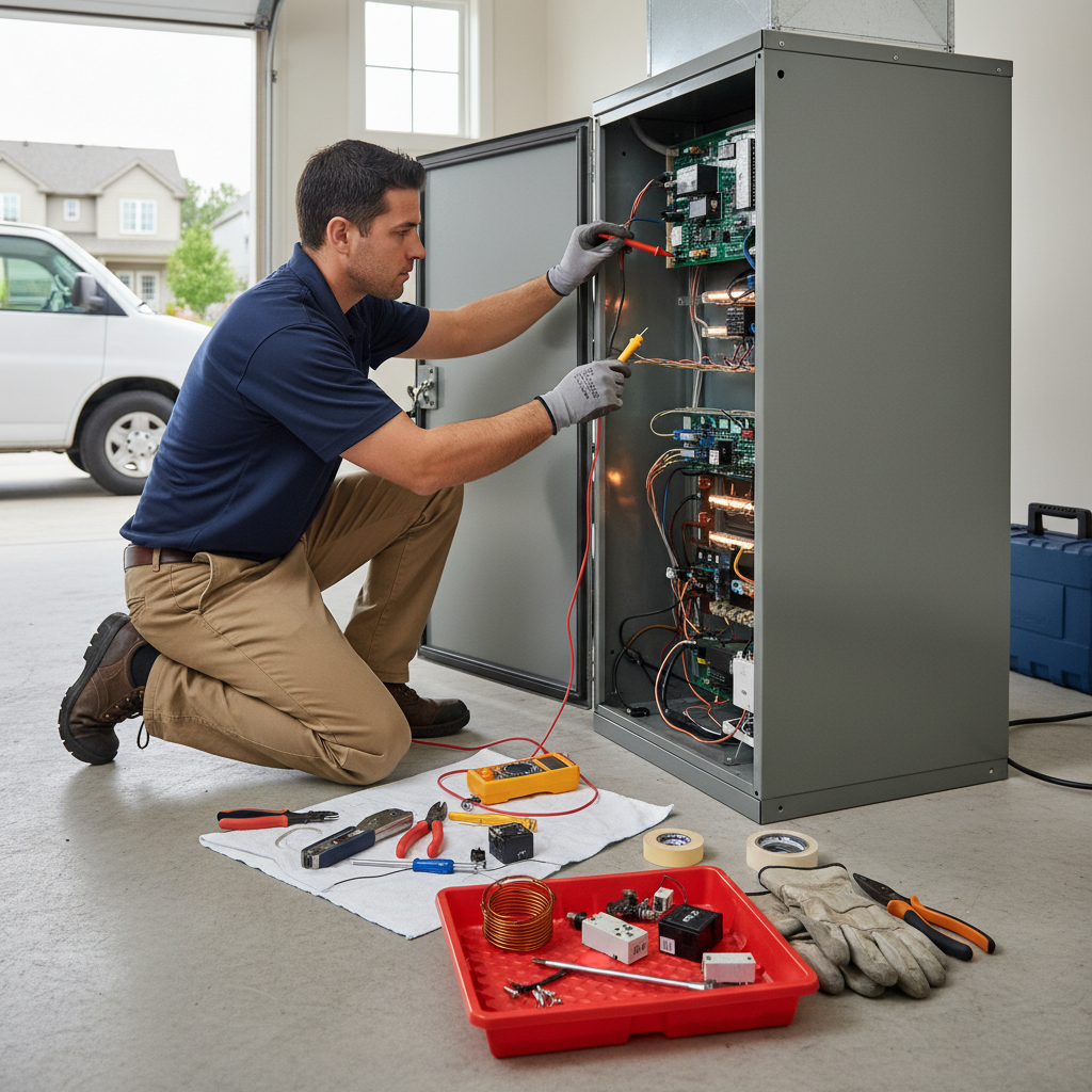 A close-up view of a technician using a multimeter during electric furnace repair.