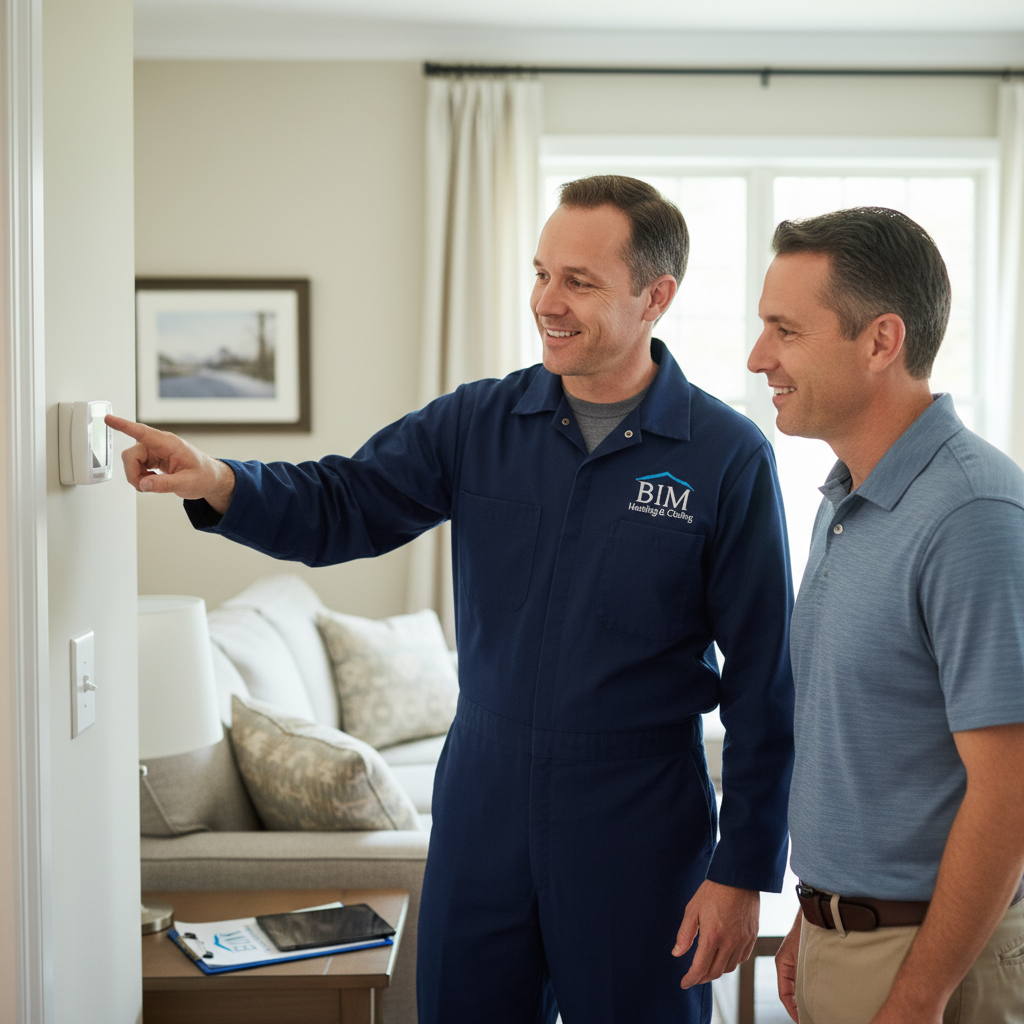 BIM Heating and Cooling expert discussing HVAC options with a satisfied homeowner in Fredericksburg, Virginia.