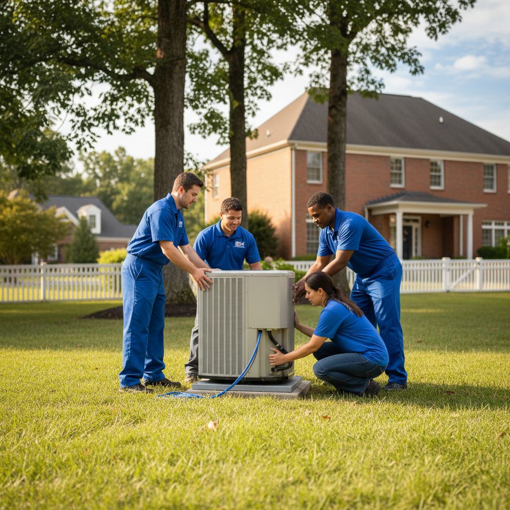 BIM Heating and Cooling expert installing a new air conditioning unit at a Virginia home near Fredericksburg.