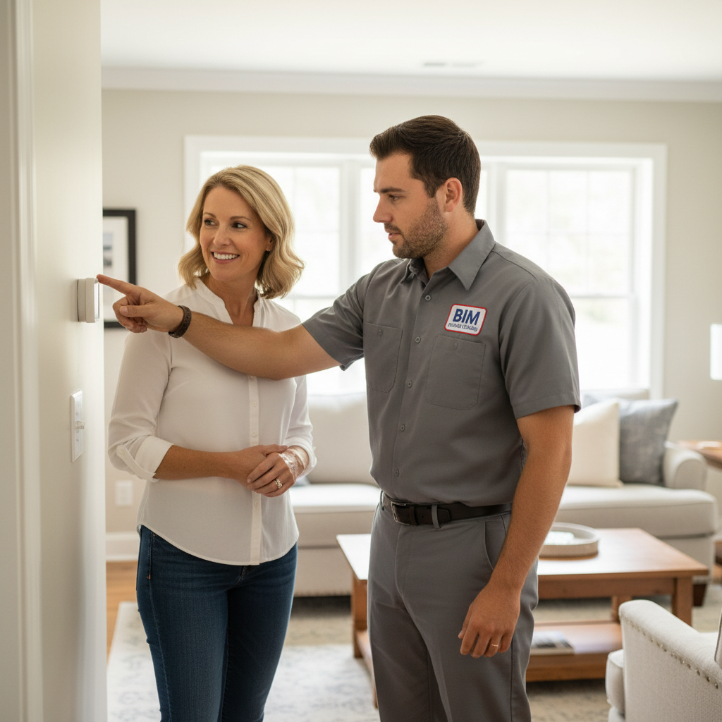 BIM Heating and Cooling expert talking with a happy homeowner about HVAC services in Fredericksburg, VA.
