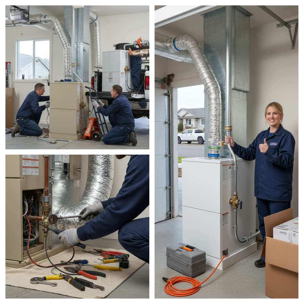 Close-up of an HVAC technician working on connections during a furnace replacement.