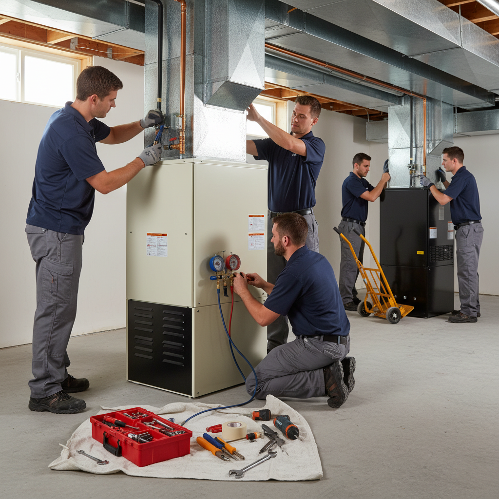 Close-up of a high efficiency furnace installation, showing a technician connecting gauges and tools.