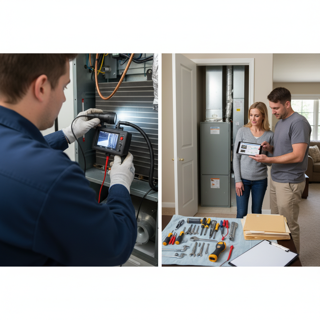 An HVAC technician using an inspection camera to examine the internal components of a furnace.