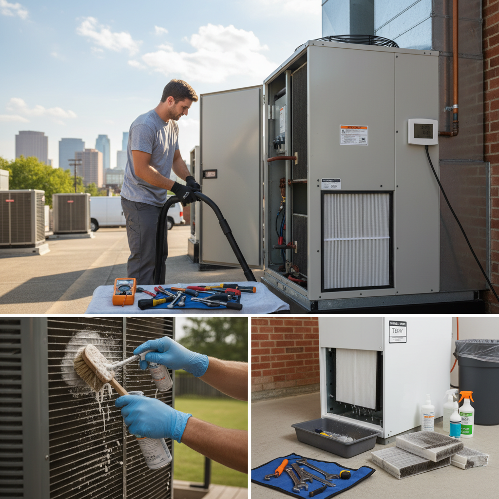 A close-up of a technician's hands cleaning an outdoor AC unit during HVAC maintenance.