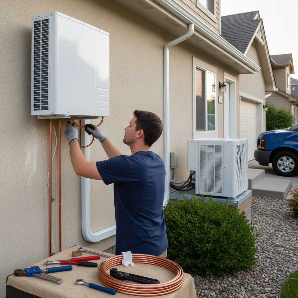 An HVAC technician installs a mini-split heat pump system on the exterior of a home.