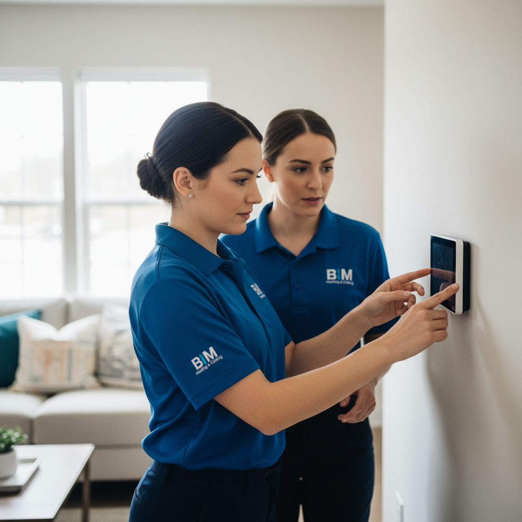 BIM Heating and Cooling professional adjusting a smart thermostat in a Fredericksburg area home, Virginia.
