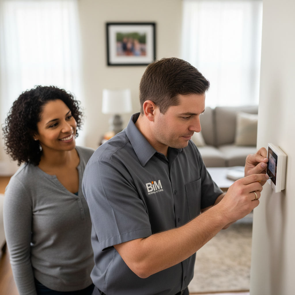 BIM Heating and Cooling professional calibrating a thermostat for precise climate control in a Fredericksburg, VA home.