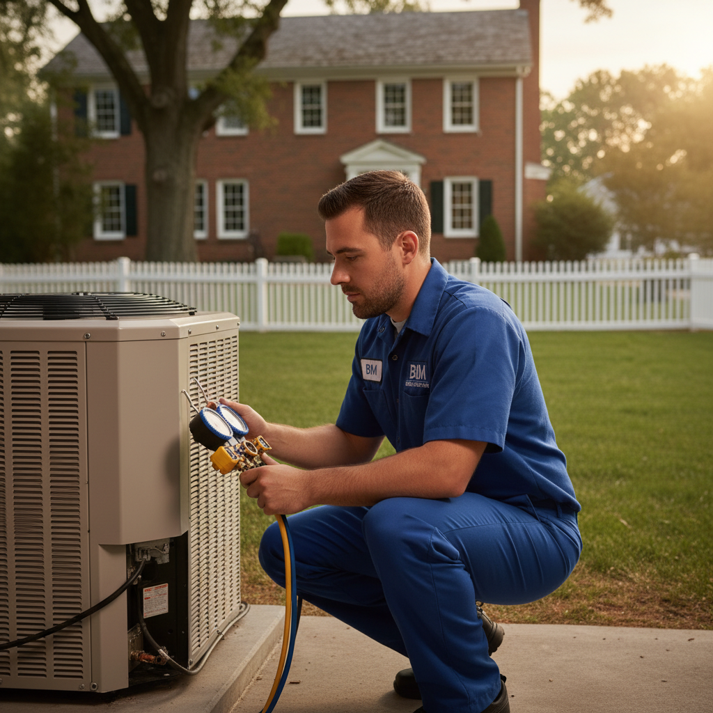BIM Heating and Cooling professional calibrating an outdoor HVAC unit in a Stafford County, Virginia residence.