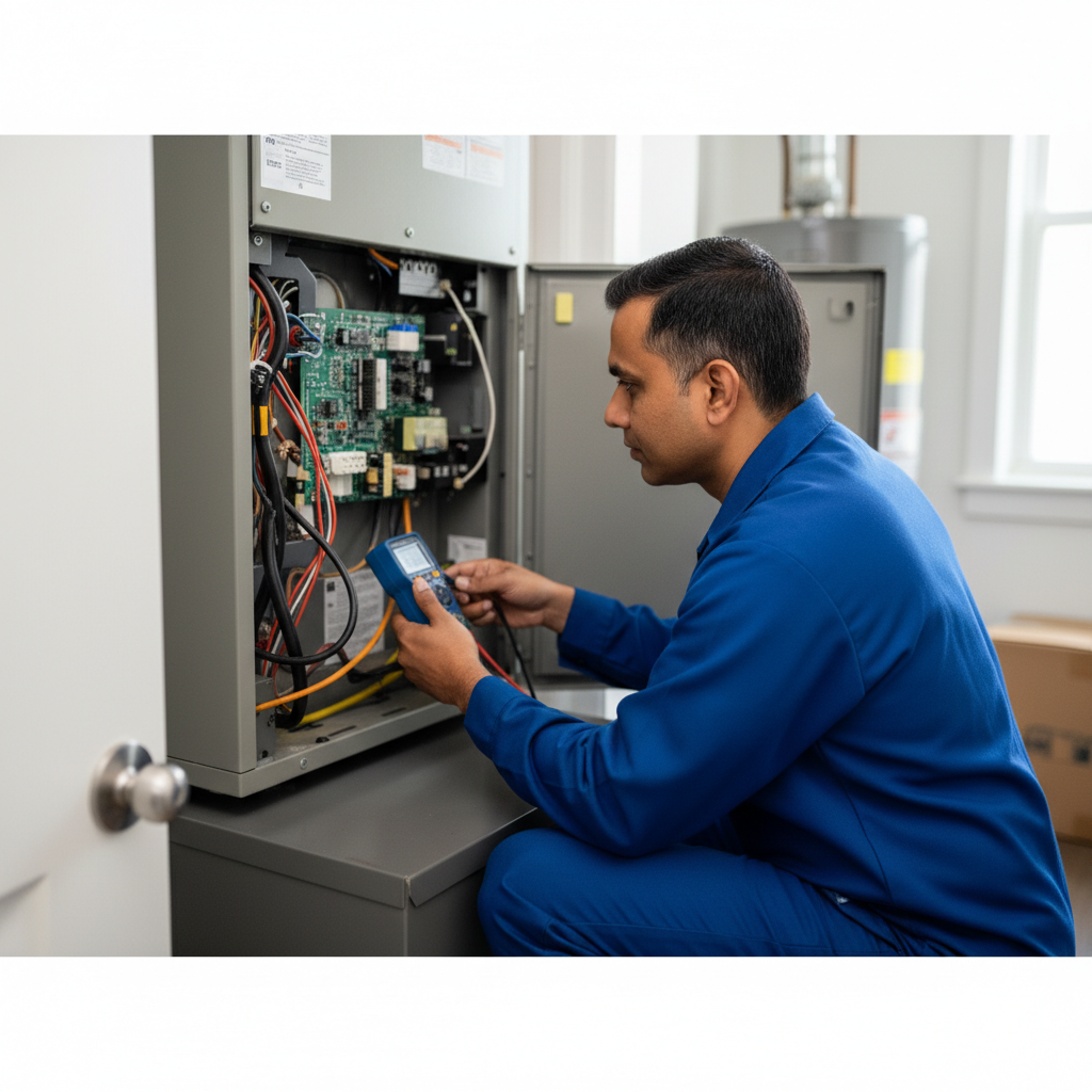 BIM Heating and Cooling professional checking a furnace, ensuring comfort for Fredericksburg, Virginia residents.