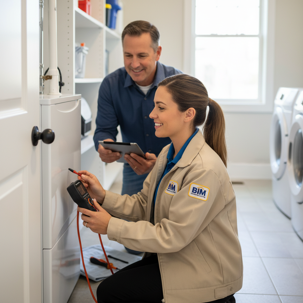 BIM Heating and Cooling professional checking a residential HVAC system in Fredericksburg, Virginia.