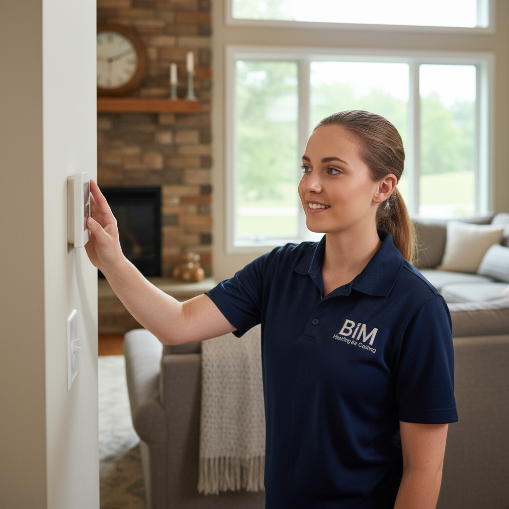 BIM Heating and Cooling professional checking a thermostat, ensuring comfort in a Fredericksburg, Virginia residence.