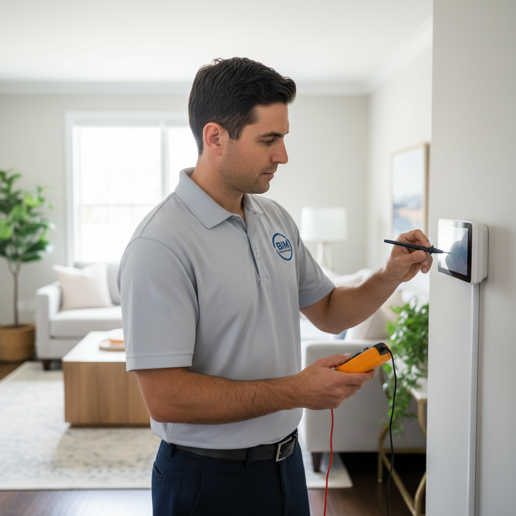 BIM Heating and Cooling professional checking a thermostat in a modern Fredericksburg, Virginia house.