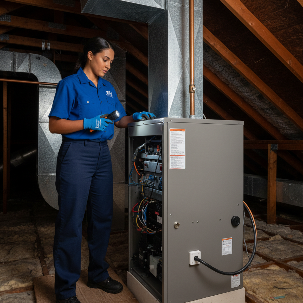 BIM Heating and Cooling professional checking an air conditioning unit in Fredericksburg, Virginia.
