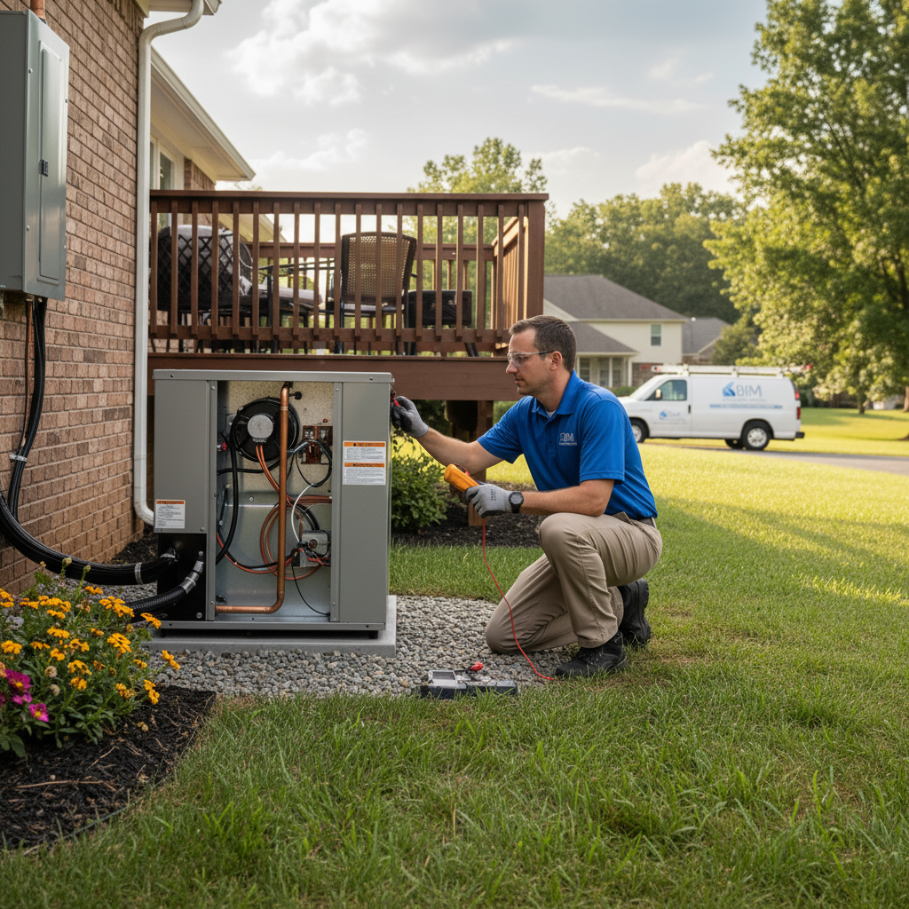 BIM Heating and Cooling professional checking an air conditioner condenser unit outside a Virginia home.