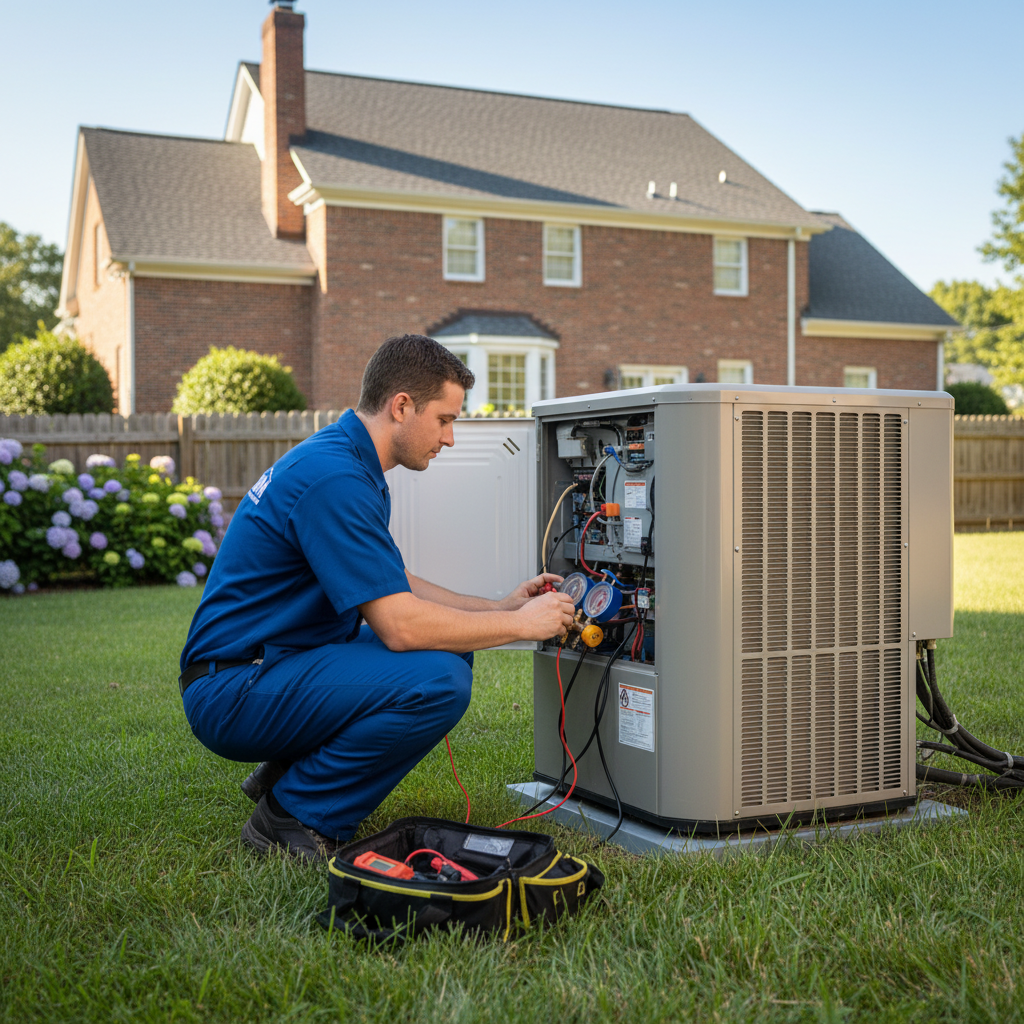 BIM Heating and Cooling professional checking an outdoor AC unit in Fredericksburg, Virginia.