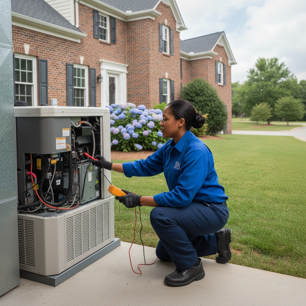 BIM Heating and Cooling professional checking an outdoor AC unit in Spotsylvania County, Virginia.