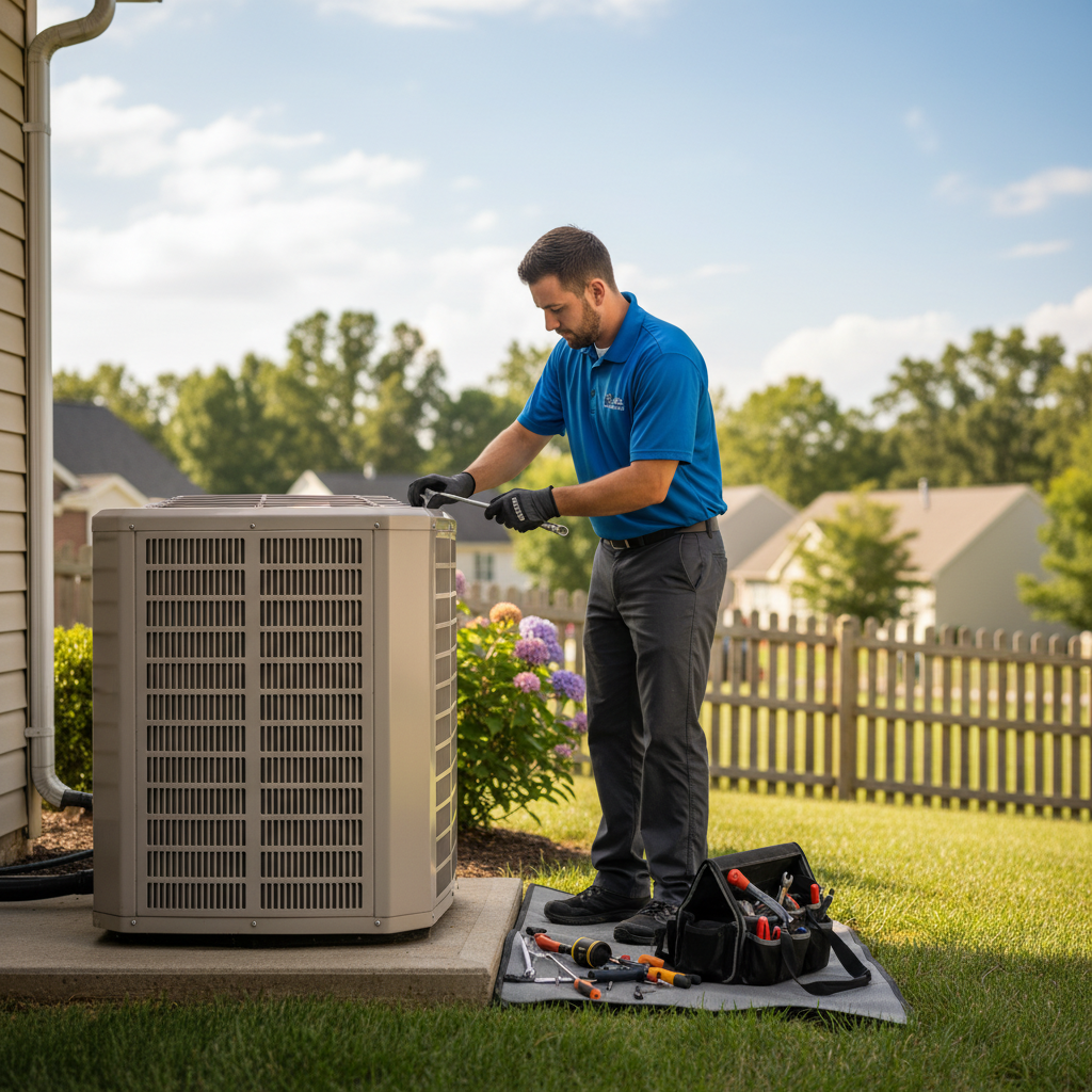 BIM Heating and Cooling professional checking an outdoor AC unit in Fredericksburg, VA.