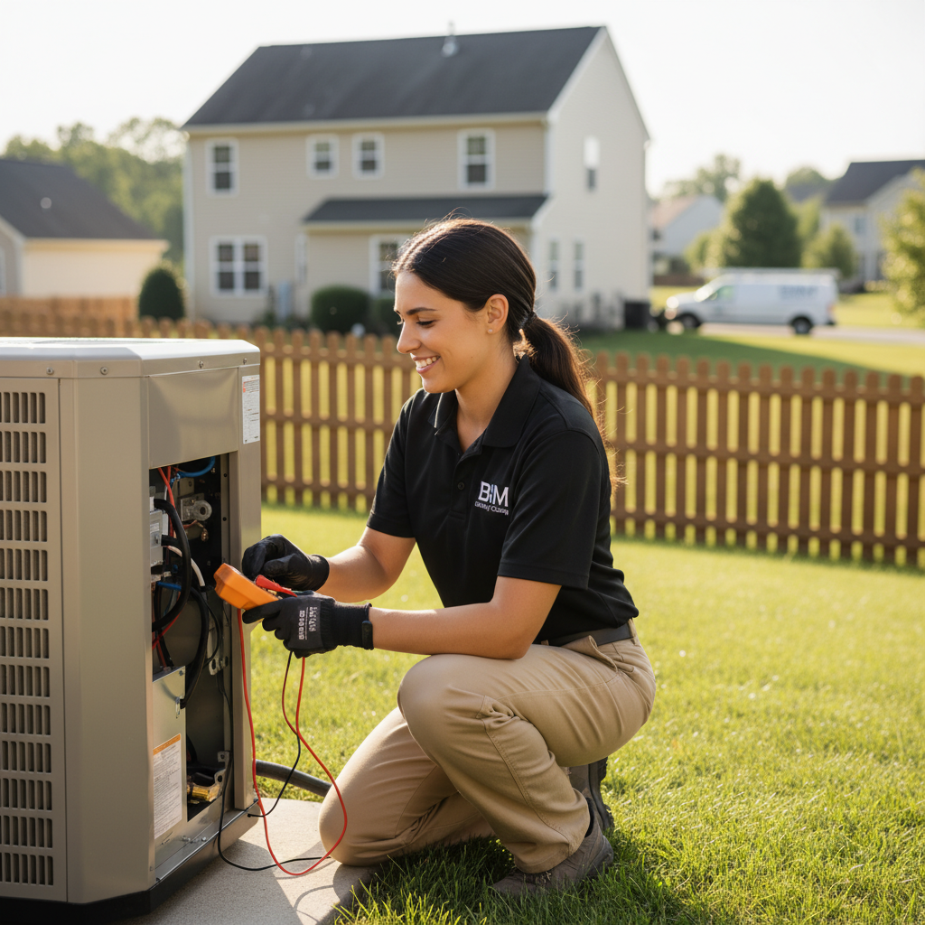 BIM Heating and Cooling professional checking an outdoor AC unit in Stafford County, VA.