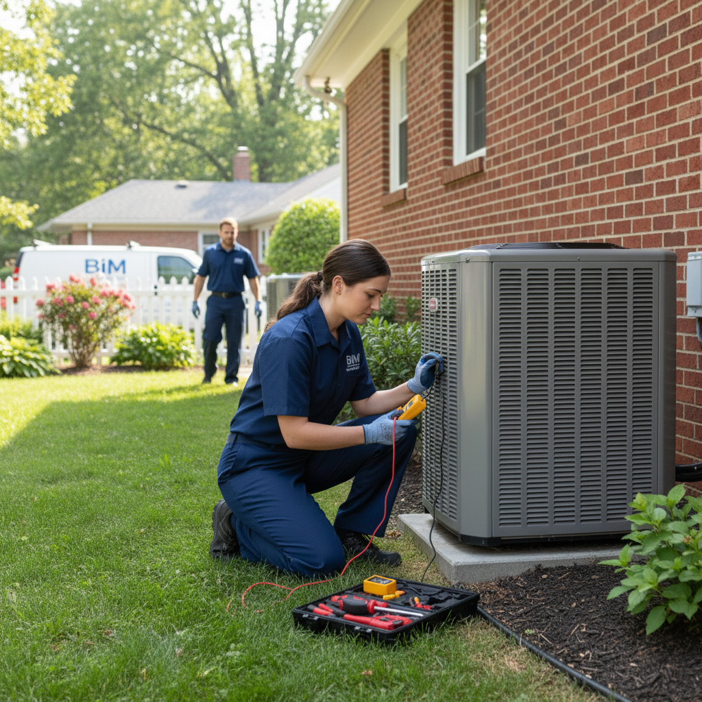 BIM Heating and Cooling professional checking an outdoor AC unit for a Fredericksburg, Virginia client.