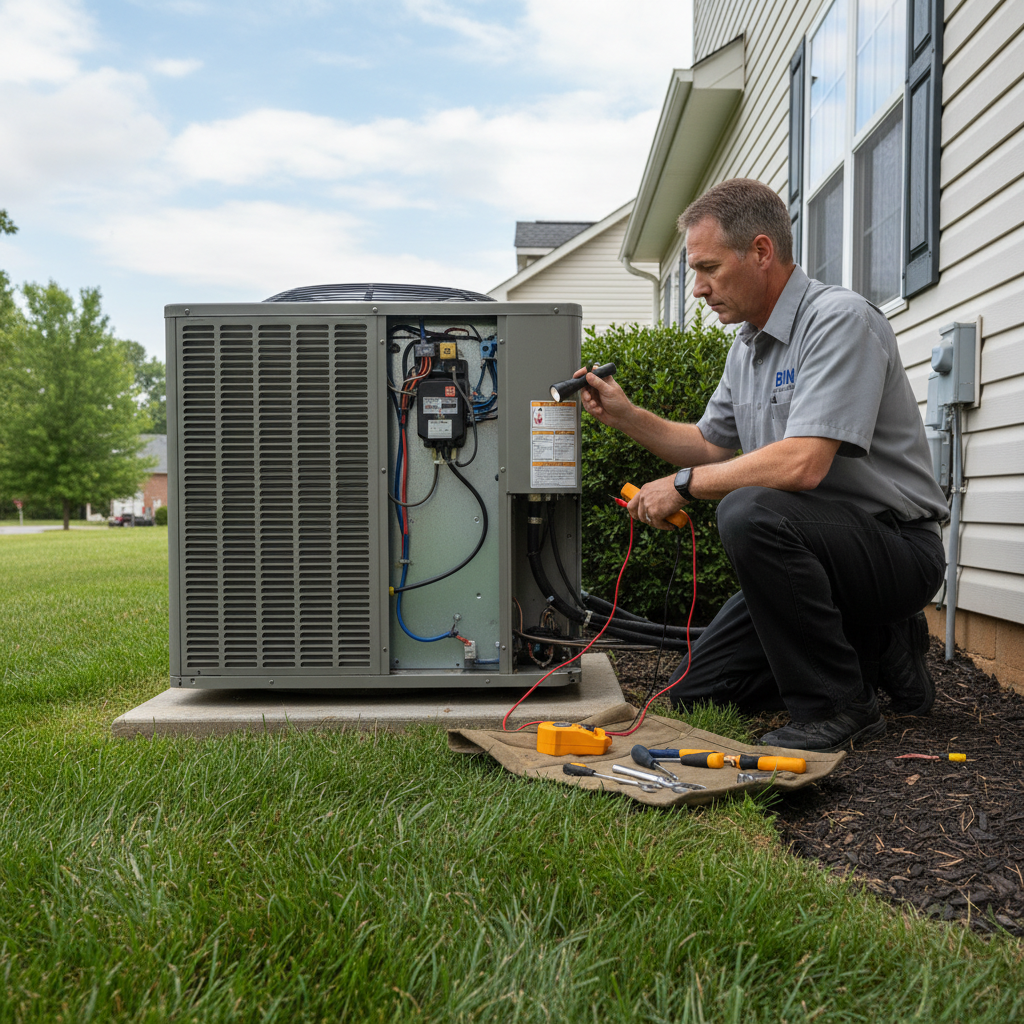 BIM Heating and Cooling professional checking an outdoor HVAC unit in Spotsylvania County, Virginia.