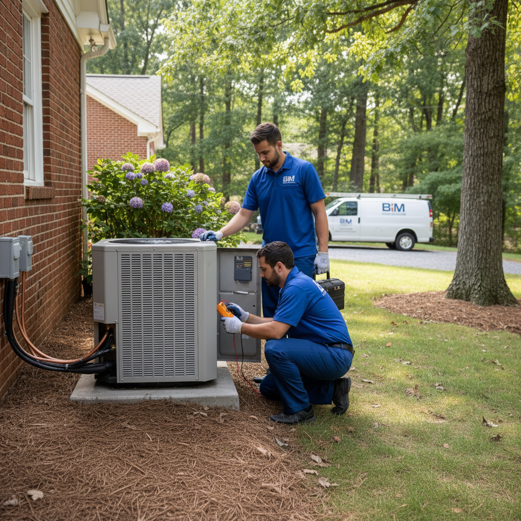 BIM Heating and Cooling professional checking an outdoor HVAC unit in Fredericksburg, Virginia.