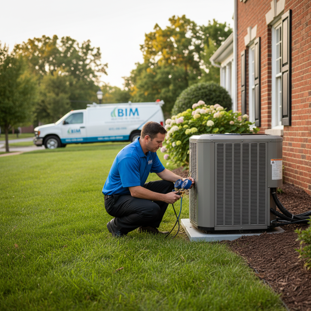 BIM Heating and Cooling professional checking an outdoor HVAC unit in Fredericksburg, Virginia.